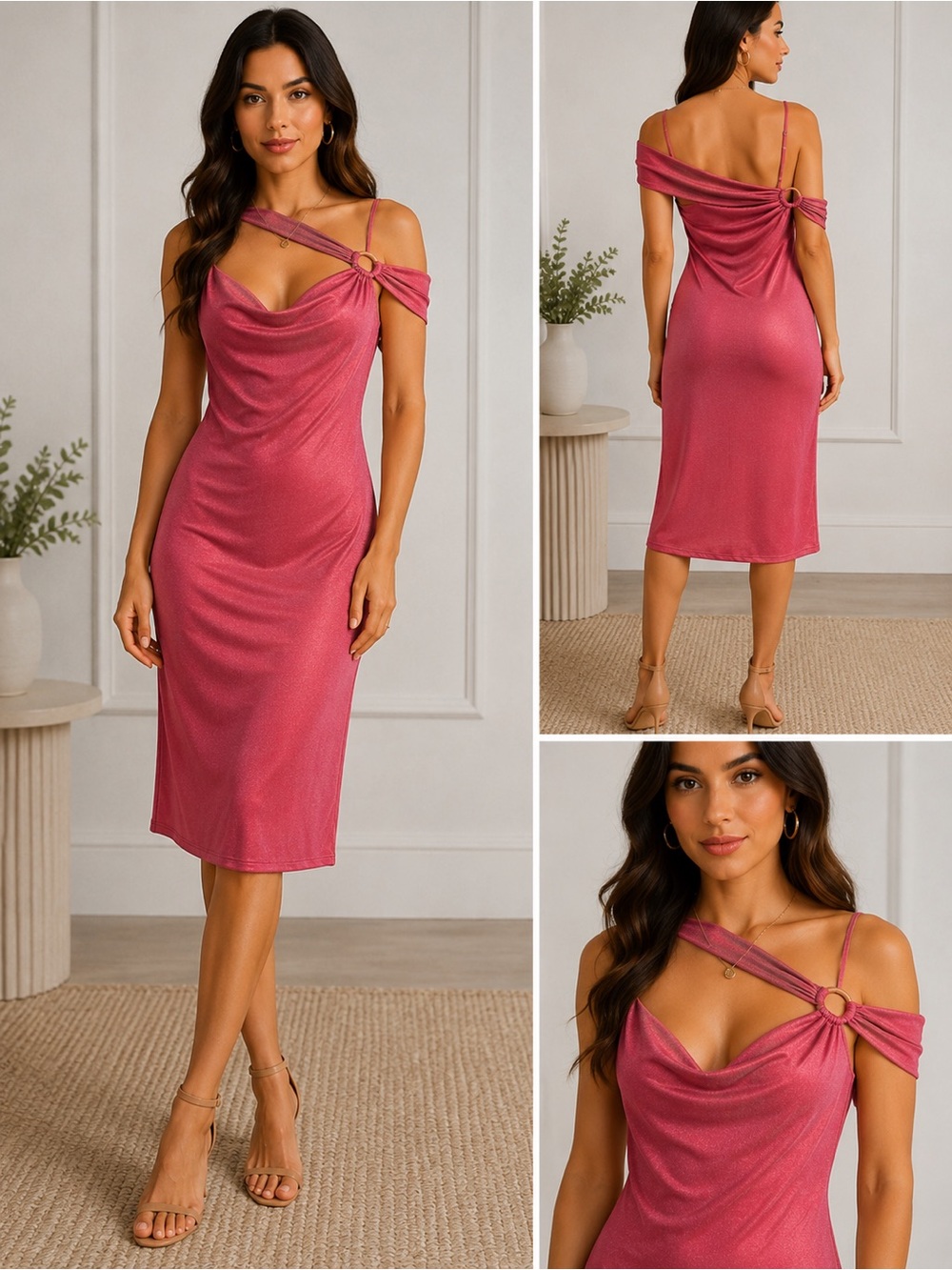 Abyss By Abby Rose Pink Cowl Midi Dress with Ring Detail